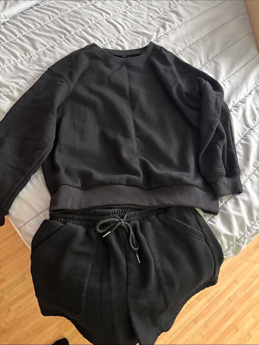 Black Cozy Sweatshirt and Drawstring Shorts Set